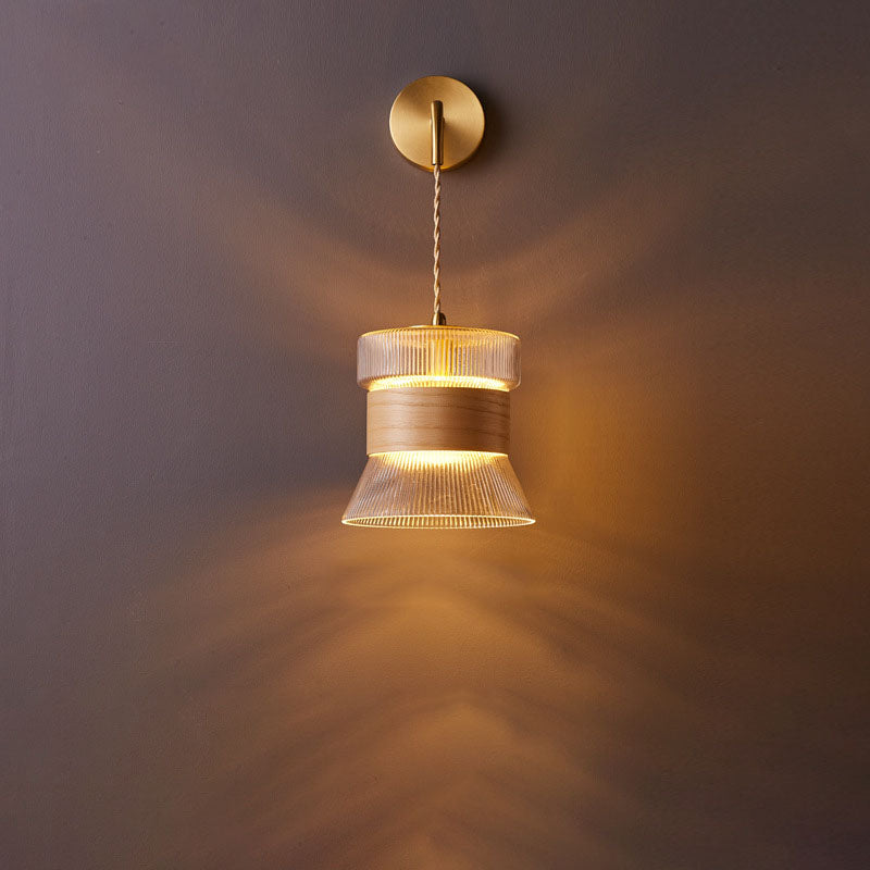 Traditional Japanese Walnut Glass Copper Cylinder Wall Sconce Lamp - 1-Light Elegant Lighting Fixture