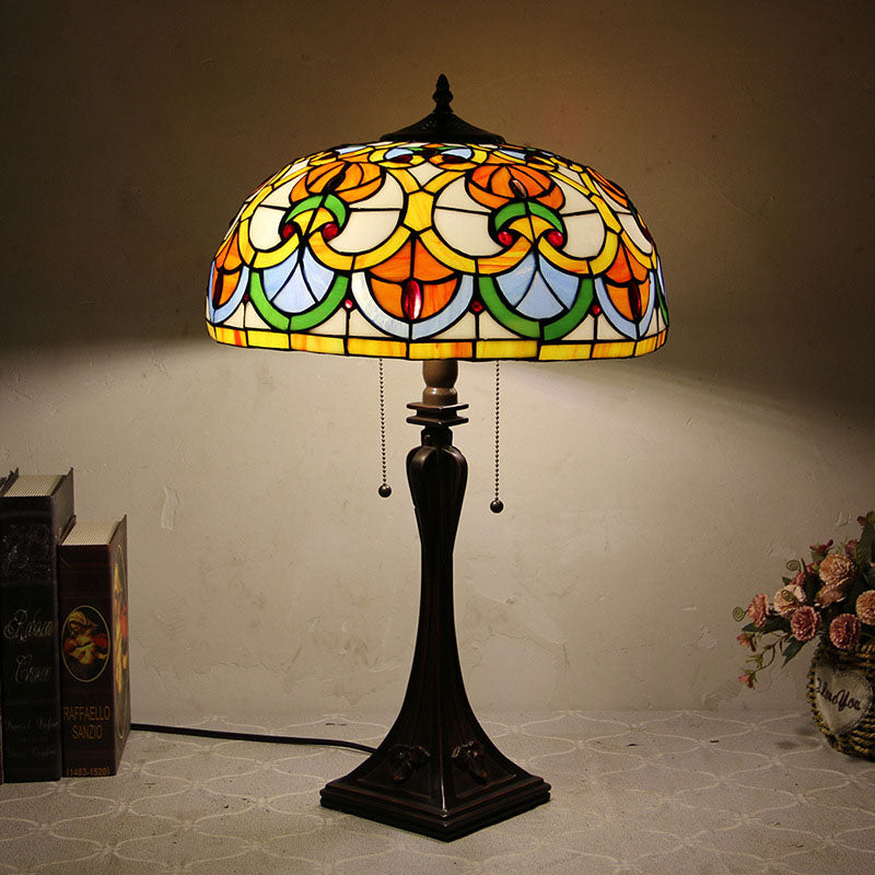 Traditional Tiffany Glass Stained Glass Cone Pull Cord 2-Light Table Lamp for Bedroom, Vintage Tiffany Style Lamp, Stained Glass Decorative Accent Lamp, Retro Bedroom Lighting, Elegant Table Lamp for Nightstand, Artistic Home Decor, Classic Gift Idea for