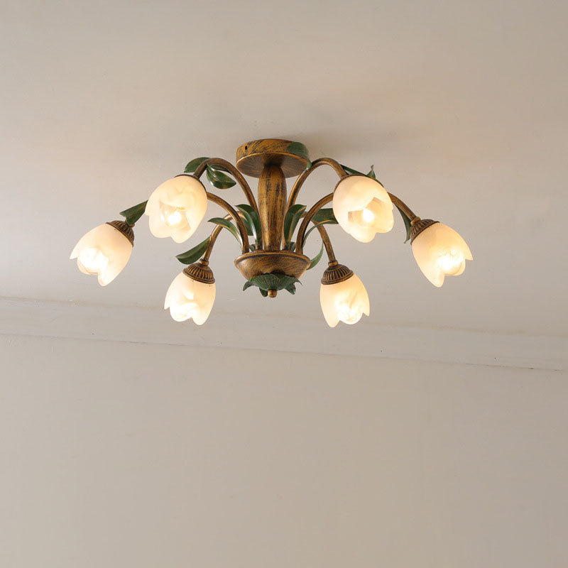 Traditional Rustic Floral Iron Glass Semi-Flush Mount Ceiling Light for Living Room - 6/8/10 Light Options