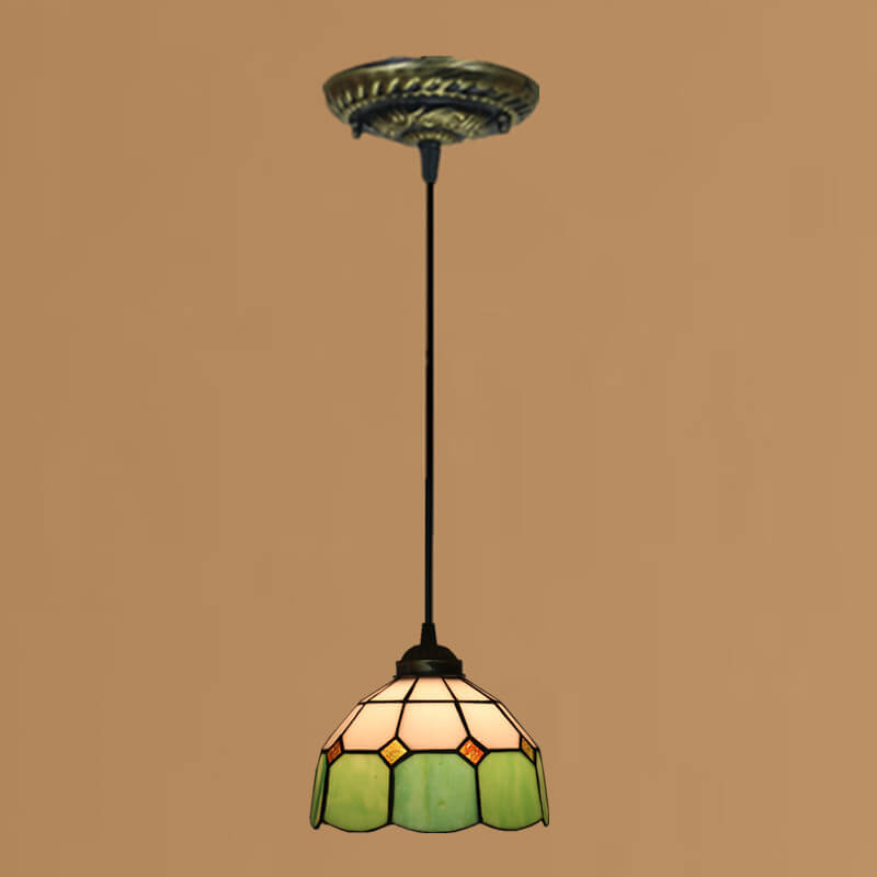 Traditional Tiffany Stained Glass Pendant Light for Living Room, Round 1-Light Iron Dome Shade