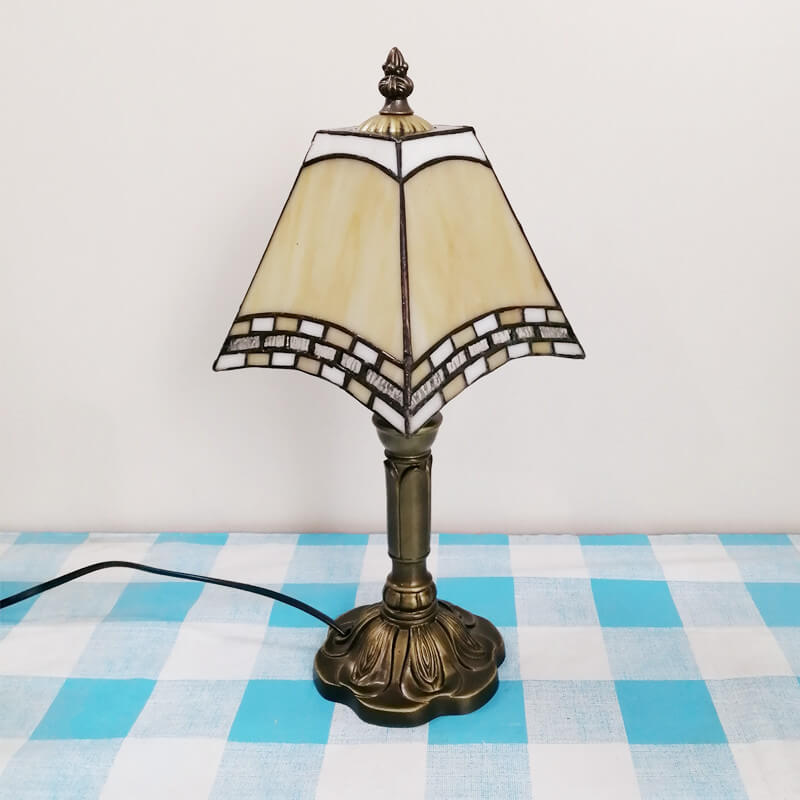 Traditional Tiffany Square Stained Glass Table Lamp - 1-Light Iron Fixture for Bedroom Decor
