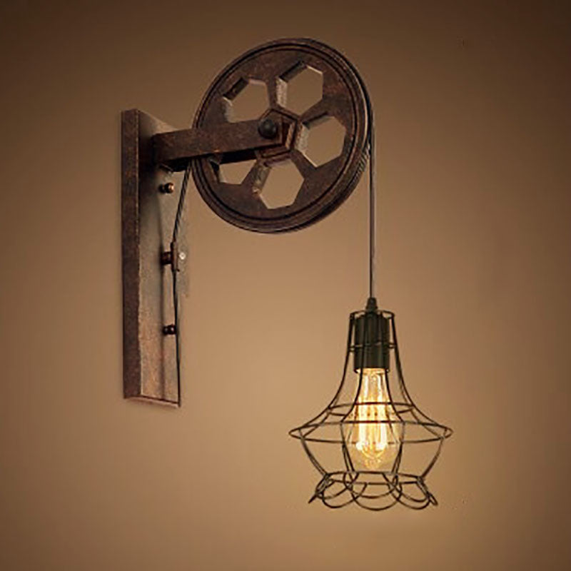 Vintage Industrial Pulley Wall Sconce - 1-Light Iron Lamp