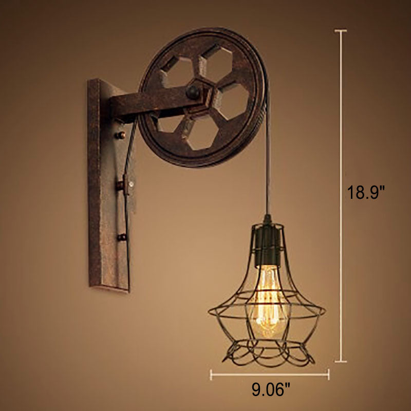 Vintage Industrial Pulley Wall Sconce - 1-Light Iron Lamp