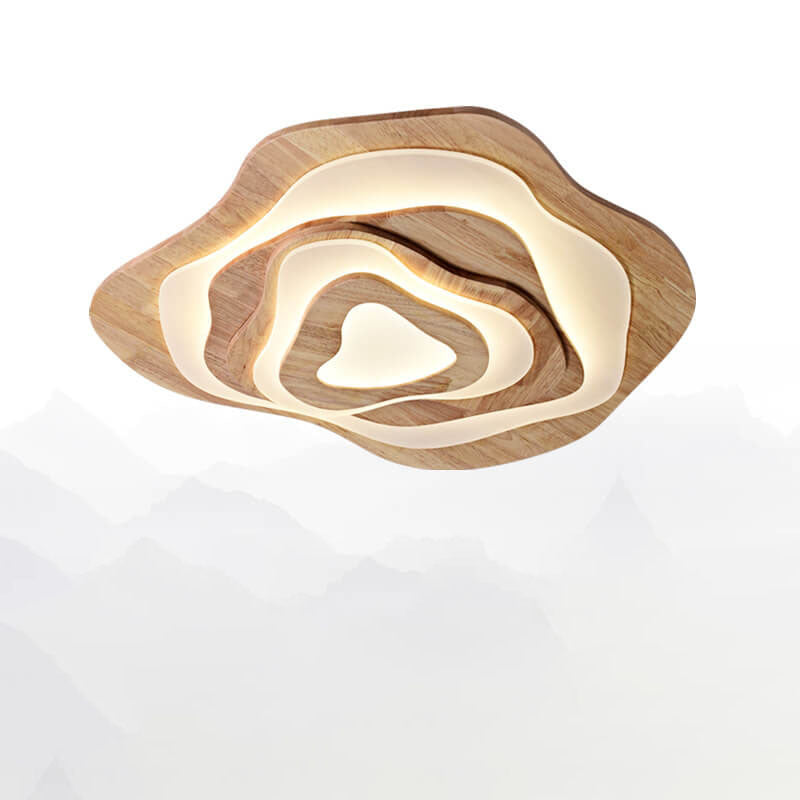 Modern Chinese Solid Wood Round LED Ceiling Light - Textured Flush Mount Lamp