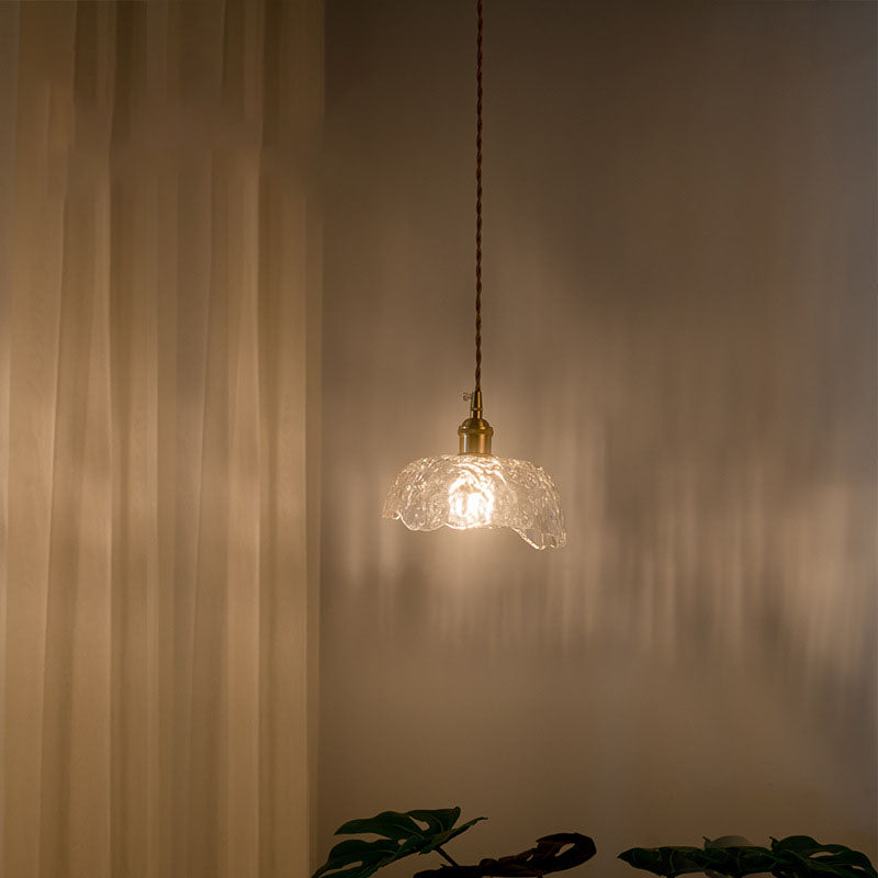 Nordic Vintage Glass Flower Brass Pendant Light 1-Light