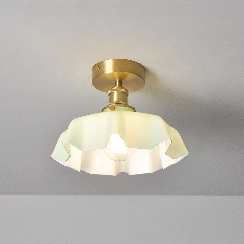 Japanese Vintage Cream Glass Floral Brass Semi-Flush Mount Ceiling Light