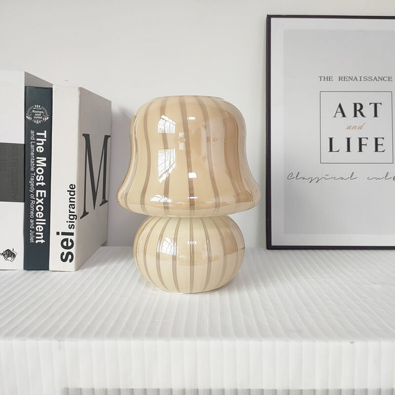 French Cream Handmade Glass Mushroom 1-Light Table Lamp, Unique Artisan Table Lamp, Vintage-Inspired Home Lighting, Decorative Glass Lamp, Soft Glow Interior Illumination, Modern Table Lamp for Living Room and Bedroom, Stylish Mushroom Design Lighting, Ar