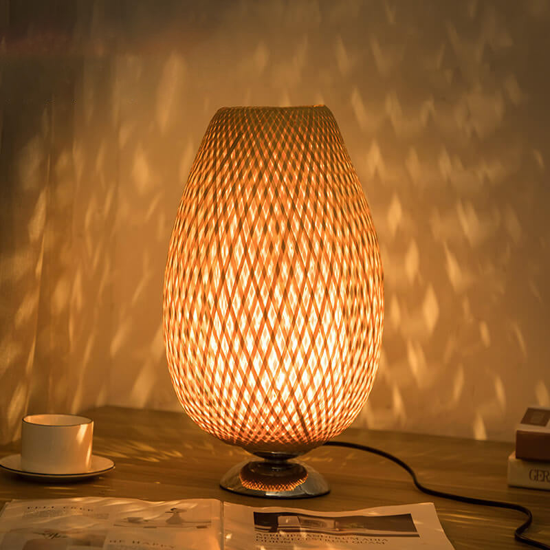 Traditional Chinese Moso Bamboo Wood Iron Weaving Oval Round 1-Light Table Lamp Bedroom Decor, Asian Style Bedside Lighting, Eco-Friendly Bamboo Lamp, Elegant Home Accent, Unique Lighting Design for Nightstand, Modern Chinese Decor, Artisanal Handmade Lam
