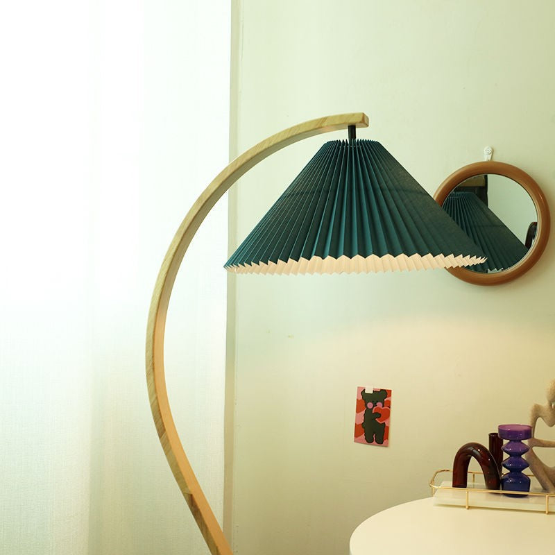 Traditional Japanese Pleated Cone Floor Lamp with Arc Wood Pole - 1-Light Design for Home Office Decor