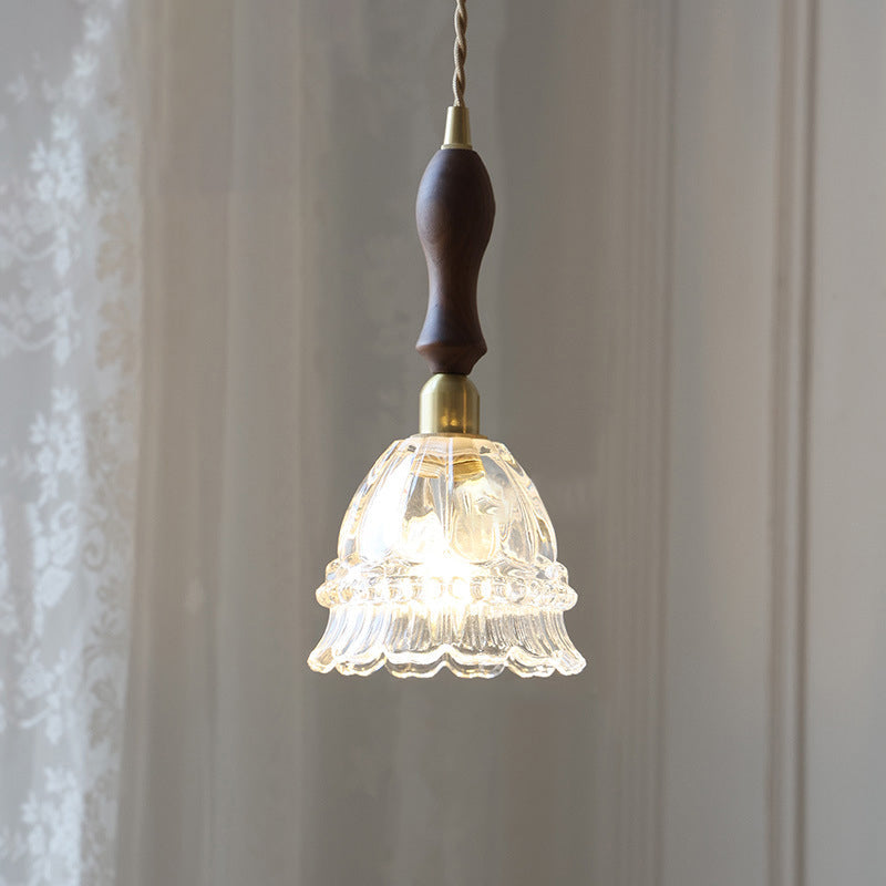 Traditional French Pastoral Walnut Jellyfish Pendant Light - 1-Light Glass Shade for Living Room