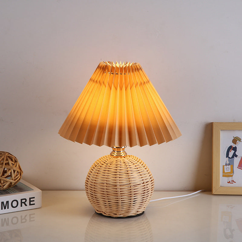 Contemporary Nordic Rattan Fabric Pleated Conic Ball LED Table Lamp Bedroom Decor Modern Lighting Elegant Home Accessories Stylish Bedroom Illumination Eco-Friendly Lighting Design Rustic Chic Table Lamp Warm White Glow Bedroom Aesthetic Sustainable Mater