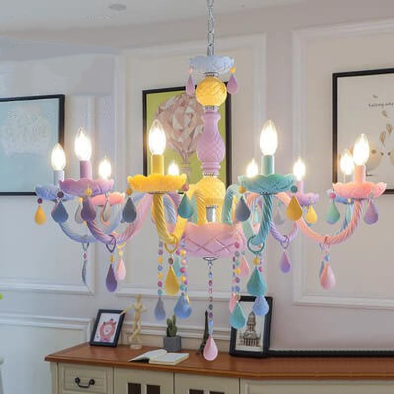 Modern Children's Princess Macaroon Candelabra Crystal Glass Chandelier 5/6/8/10/12/15 Light Fixture Elegant Decorative Lighting for Kids Room, Nursery, Playroom, Birthday Parties, Home Decor, Glamorous Princess Theme, Adjustable Hanging, Twinkling Illumi