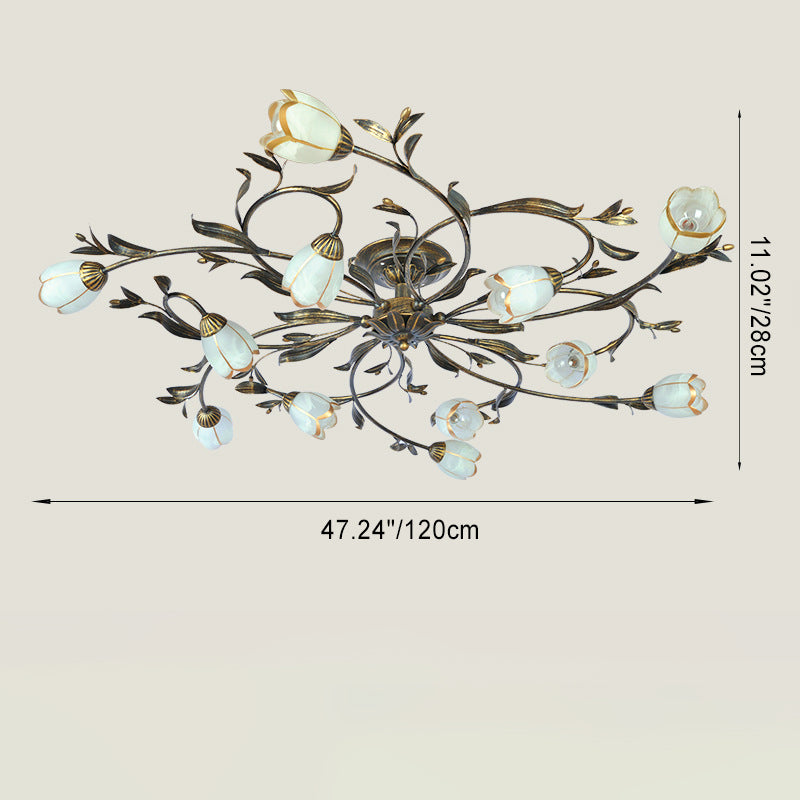 Traditional French Flower Shaped Iron Glass Semi-Flush Mount Ceiling Light for Bedroom - 4/6/8/10/12 Lights