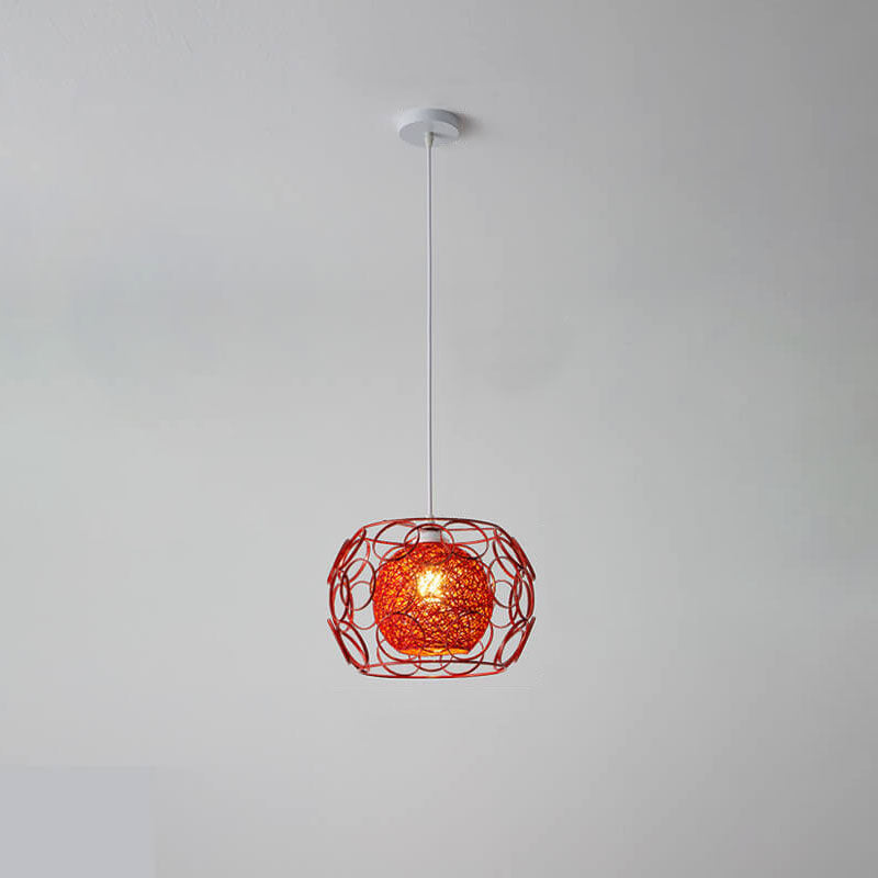 Modern Hemp Ball Pendant Light - Minimalist Iron Drum Fixture for Living Room