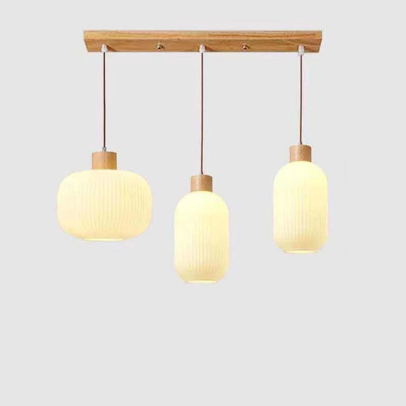 Traditional Japanese Solid Wood Strip Glass Jar Pendant Light for Living Room, 1/2/3 Light Island Fixture
