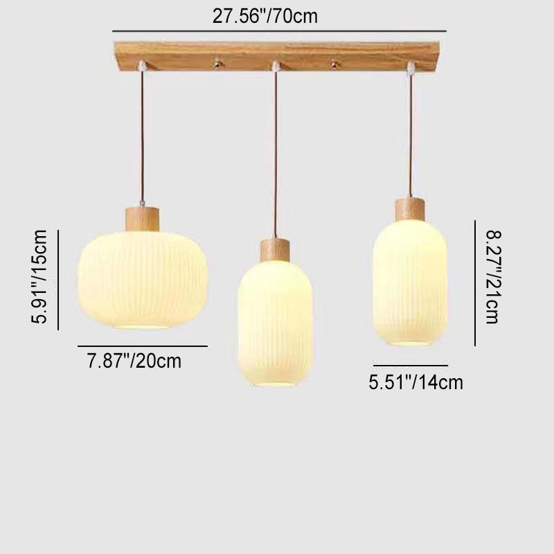 Traditional Japanese Solid Wood Strip Glass Jar Pendant Light for Living Room, 1/2/3 Light Island Fixture