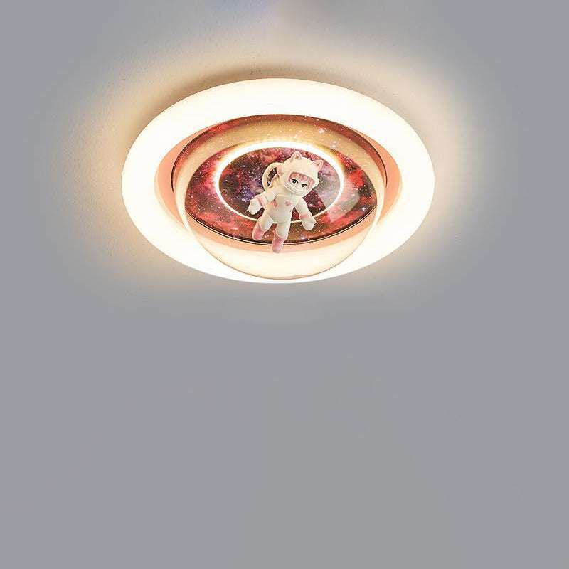 Contemporary Cartoon Planet Resin Astronaut Acrylic Round Shade LED Kids Flush Mount Ceiling Light for Bedroom, Nursery Ceiling Fixture, Space Theme Room Decor, Childrens Lighting, Modern Kids Bedroom Illumination, Fun Astronaut Design, Colorful Space Adv