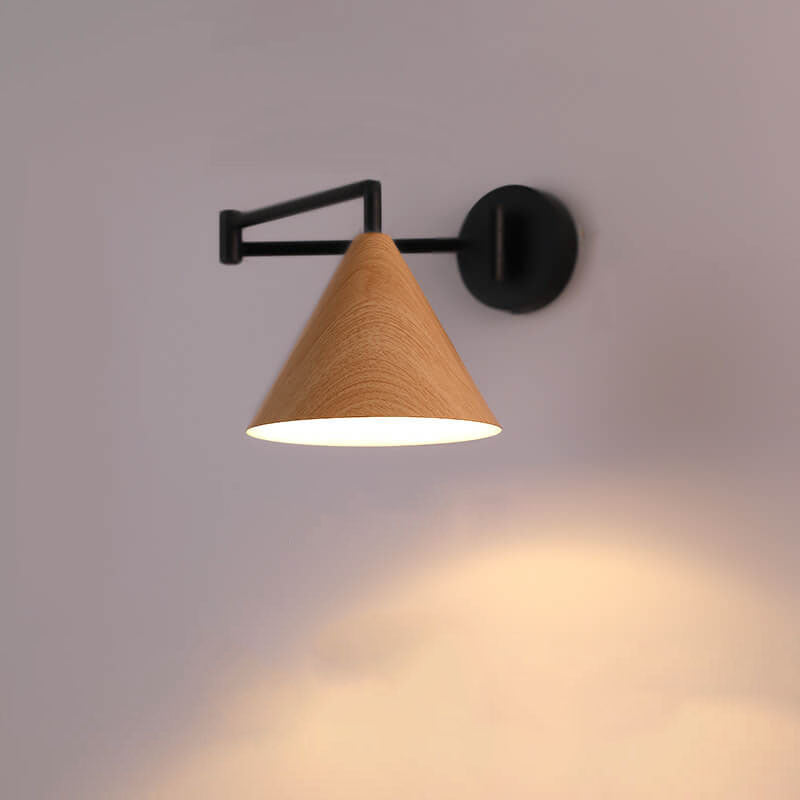 Contemporary Nordic Cone Swing Arm Wall Sconce - Wood Grain Iron 1-Light Lamp for Bedroom