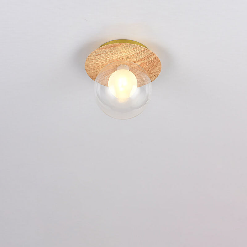 Traditional Japanese Glass Iron Woodgrain Semi-Flush Mount Ceiling Light