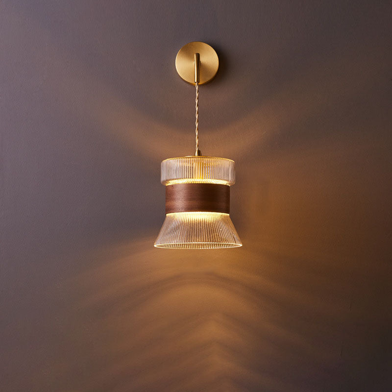 Traditional Japanese Walnut Glass Copper Wall Sconce Lamp 1-Light