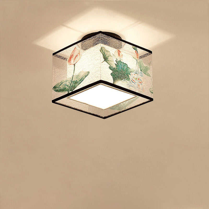 Traditional Chinese Square Iron Semi-Flush Mount Ceiling Light for Hallway