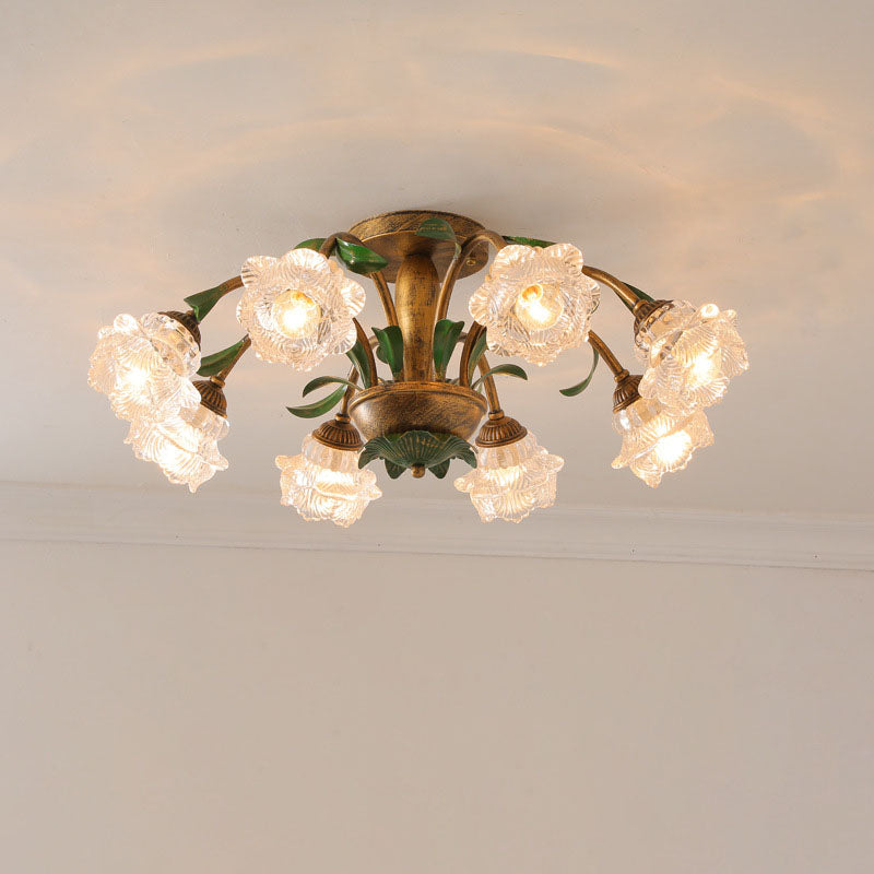 Traditional Rustic Floral Iron Glass Semi-Flush Mount Ceiling Light for Living Room - 6/8/10 Light Options