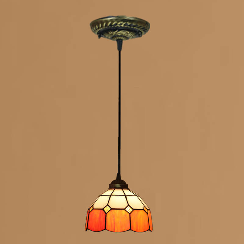 Traditional Tiffany Stained Glass Pendant Light for Living Room, Round 1-Light Iron Dome Shade