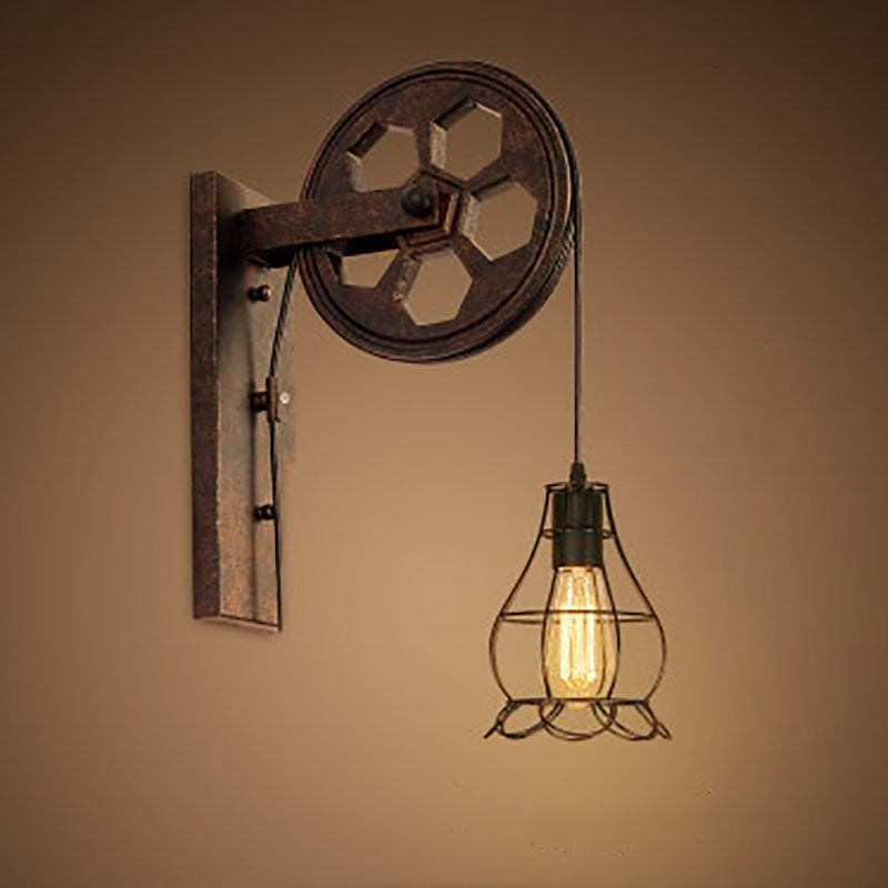 Vintage Industrial Pulley Wall Sconce - 1-Light Iron Lamp