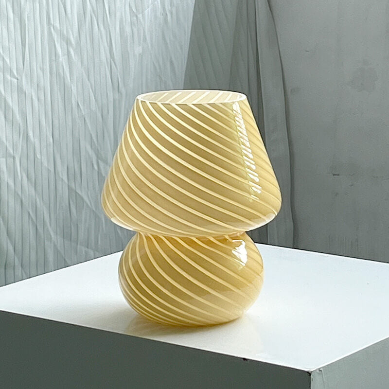 Modern Minimalist Striped Mushroom Glass 1-Light Table Lamp, Contemporary Home Decor Lamp, Stylish Nightstand Lighting, Unique Accent Light, Vintage Inspired Room Design, Eco-Friendly Design, Adjustable Brightness Table Light, Chic Office or Bedroom Illum