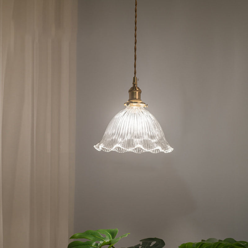 Nordic Vintage Glass Flower Brass Pendant Light 1-Light