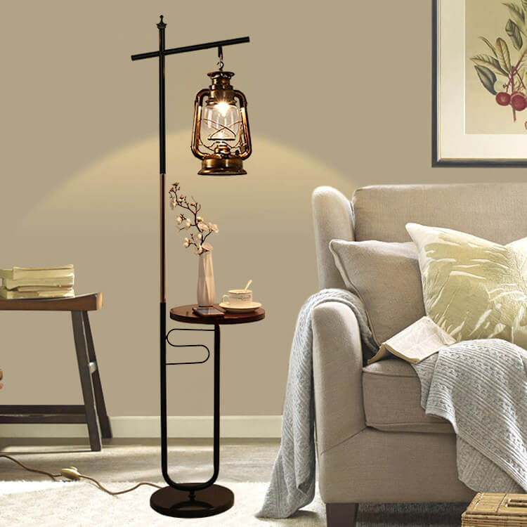 Vintage European Lantern Floor Lamp - Iron, Wood & Marble, 1-Light Standing Design