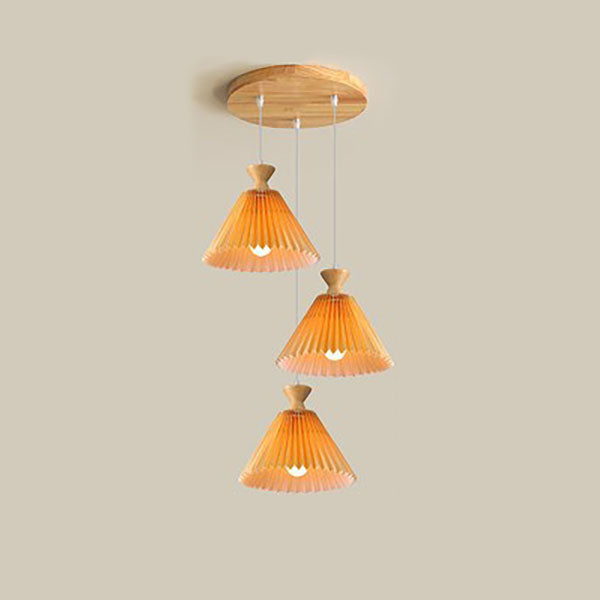 Traditional Japanese Rubberwood Pleated Cone Island Chandelier for Living Room