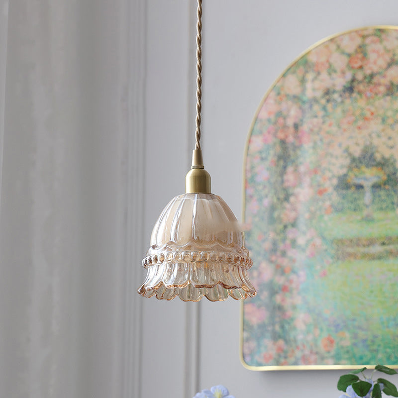 Traditional French Pastoral Walnut Jellyfish Pendant Light - 1-Light Glass Shade for Living Room