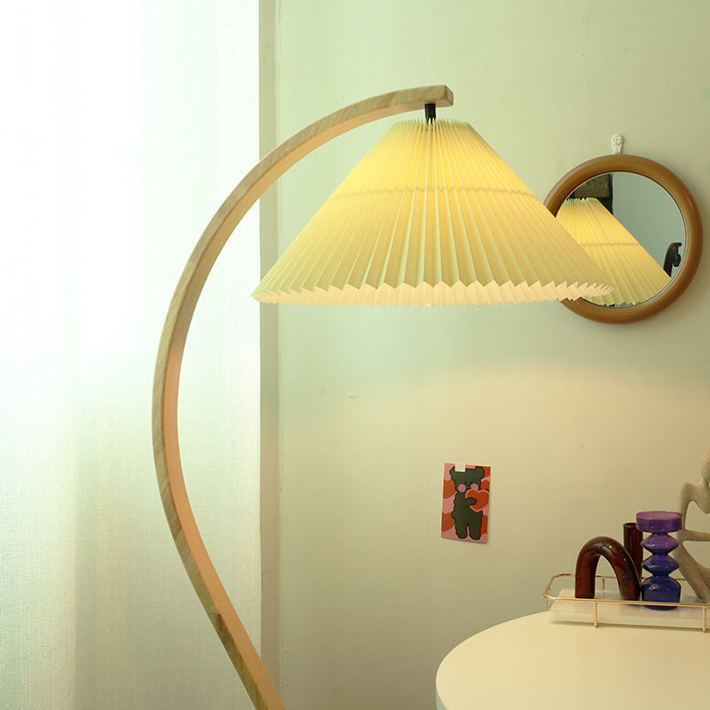 Traditional Japanese Pleated Cone Floor Lamp with Arc Wood Pole - 1-Light Design for Home Office Decor