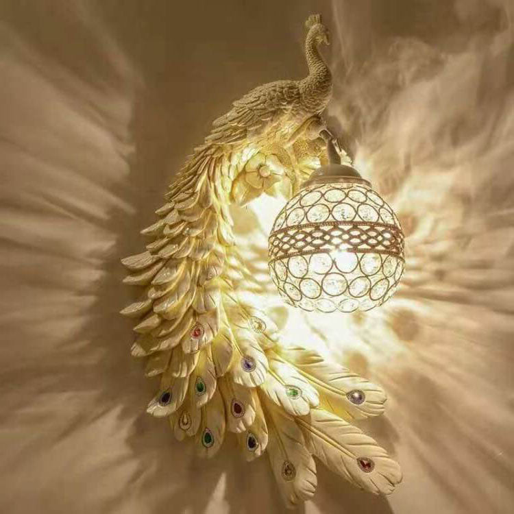 Vintage Ornate Peacock Crystal Ball Wall Sconce Lamp 1-Light