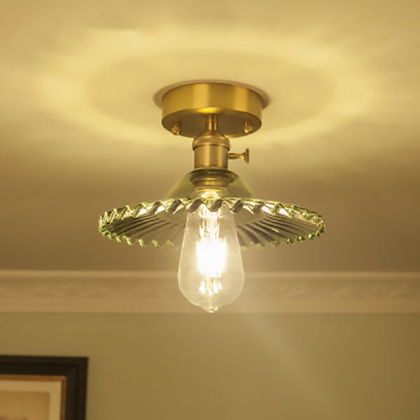 Vintage Round Ripple Brass Glass Semi-Flush Mount Light for Living Room