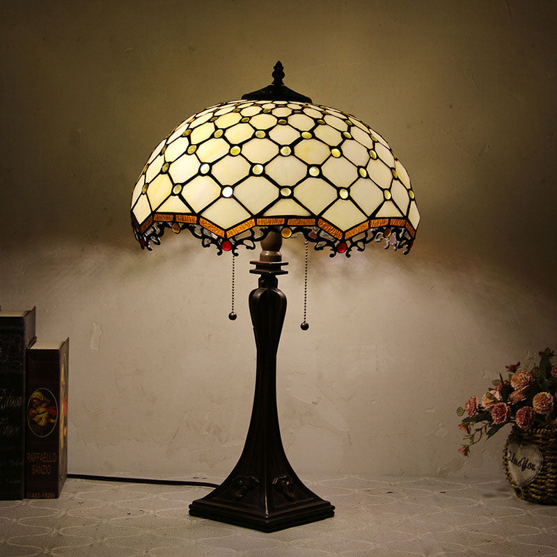 Traditional Tiffany Glass Stained Glass Cone Pull Cord 2-Light Table Lamp for Bedroom, Vintage Tiffany Style Lamp, Stained Glass Decorative Accent Lamp, Retro Bedroom Lighting, Elegant Table Lamp for Nightstand, Artistic Home Decor, Classic Gift Idea for