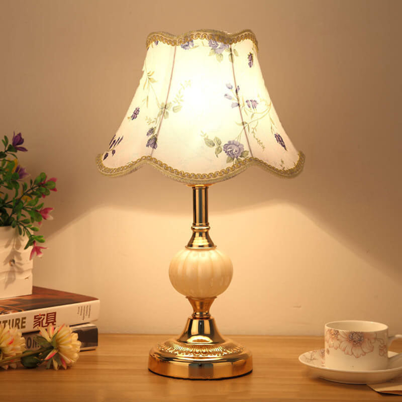 Nordic Vintage Floral Glass Fabric 1-Light Table Lamp, Retro Home Decor, Bohemian Lighting Fixture, Elegant Nightstand Lamp, Unique Bedroom Decor, Scandinavian Style Illumination, Antique Inspired Accent Light, Decorative Glass Shade Lamp, Soft Ambient Li