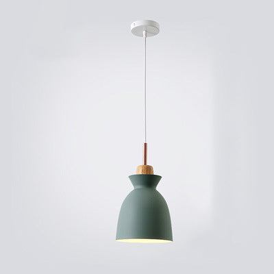 Contemporary Nordic Oak Wood Iron Bell Pendant Light – 1-Light Dome for Living Room