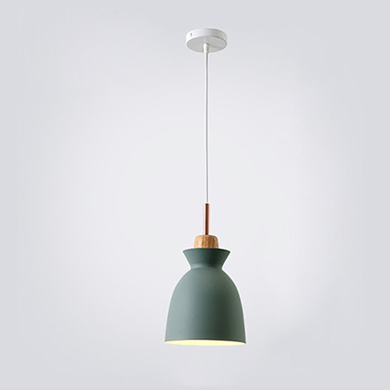 Contemporary Nordic Oak Wood Iron Bell Dome Pendant Light 1-Light Living Room