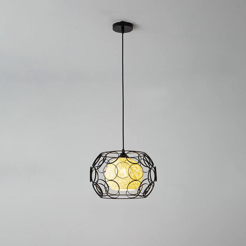 Modern Hemp Ball Pendant Light - Minimalist Iron Drum Fixture for Living Room