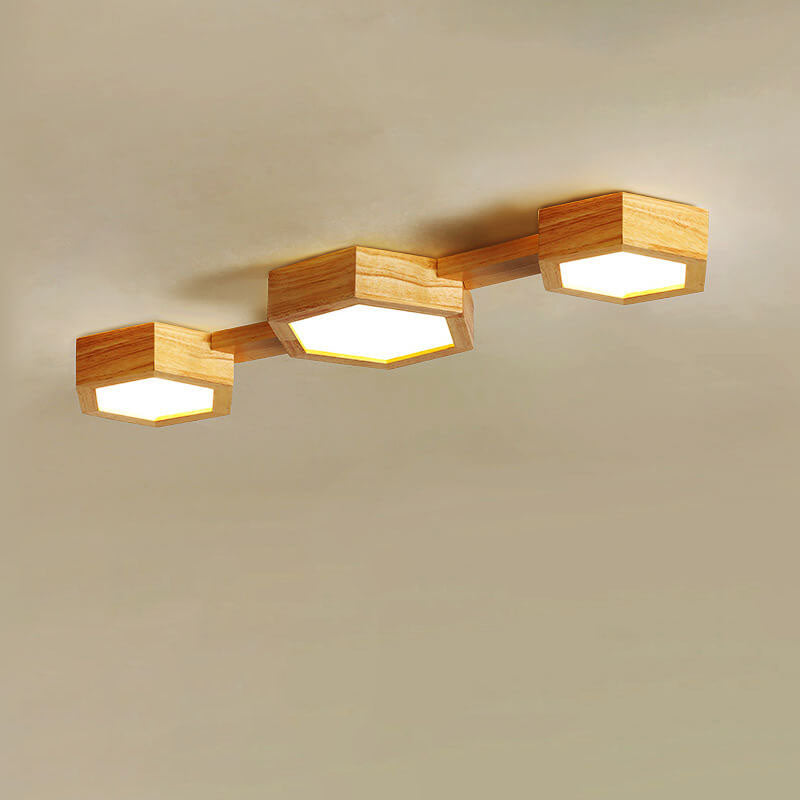 Modern Wooden Hexagonal LED Ceiling Light - Flush Mount Design