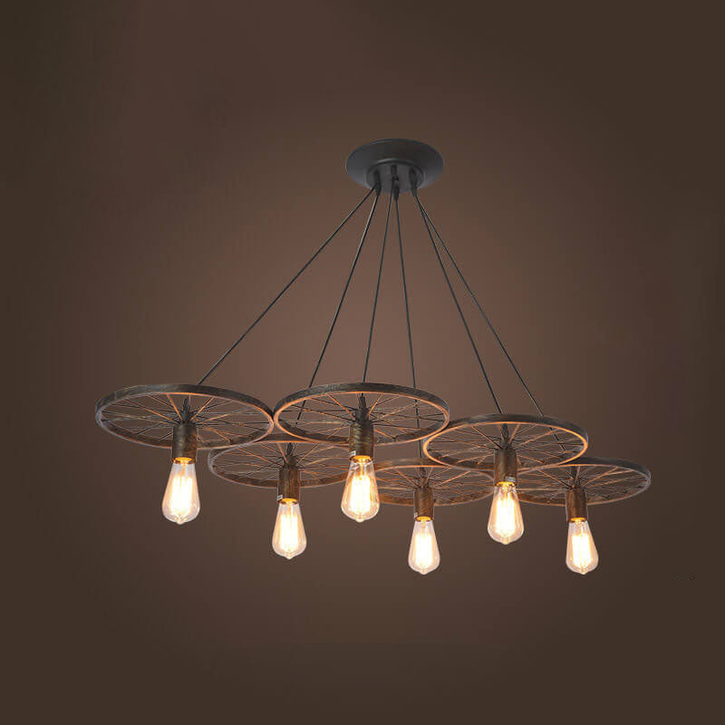 Industrial Wrought Iron Wheels Chandelier - 1/3/6 Light Vintage Lighting Fixture

Elevate your space with this stunning industrial chandelier featuring wrought iron wheels. Perfect for dining rooms, living areas, or entryways, this versatile fixture is av