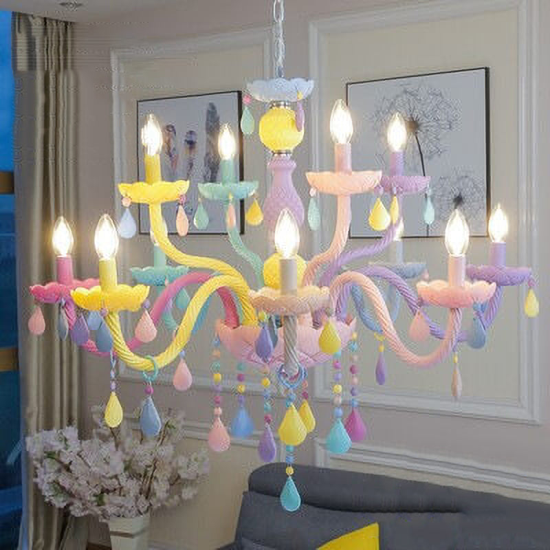 Modern Children's Princess Macaroon Candelabra Crystal Glass Chandelier 5/6/8/10/12/15 Light Fixture Elegant Decorative Lighting for Kids Room, Nursery, Playroom, Birthday Parties, Home Decor, Glamorous Princess Theme, Adjustable Hanging, Twinkling Illumi