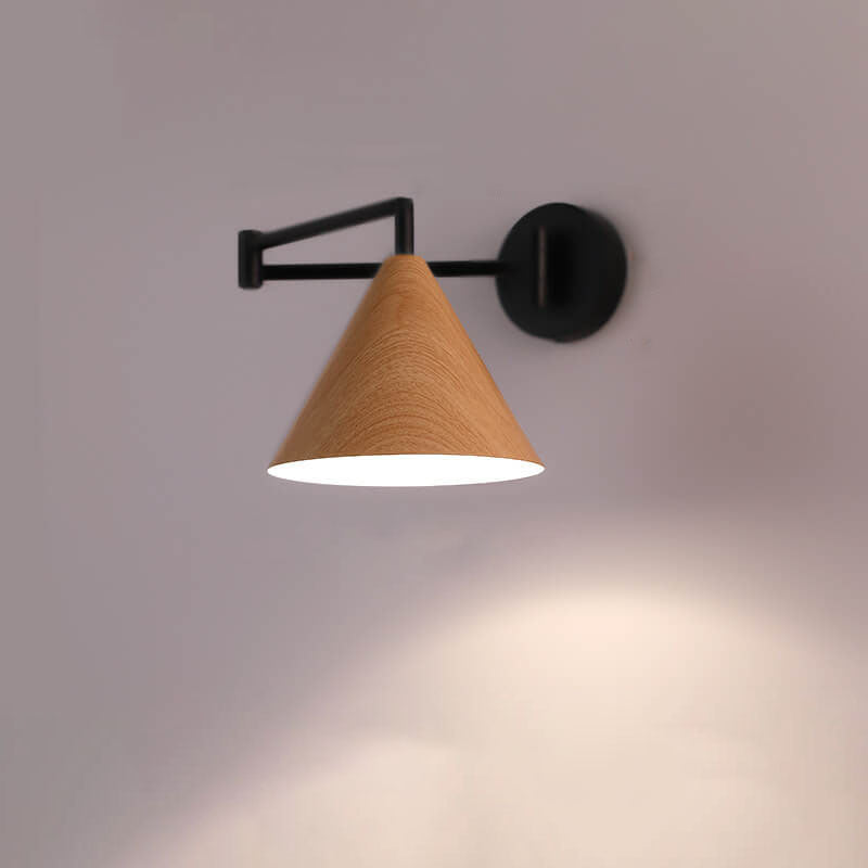 Contemporary Nordic Cone Swing Arm Wall Sconce Lamp - Wood Grain Iron 1-Light for Bedroom