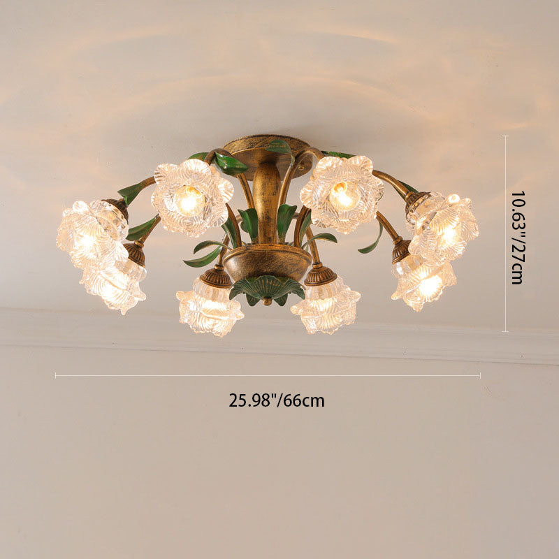 Traditional Rustic Floral Iron Glass Semi-Flush Mount Ceiling Light for Living Room - 6/8/10 Light Options