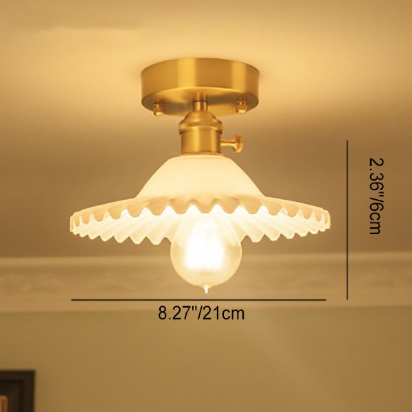 Vintage Round Ripple Brass Glass Semi-Flush Mount Light for Living Room