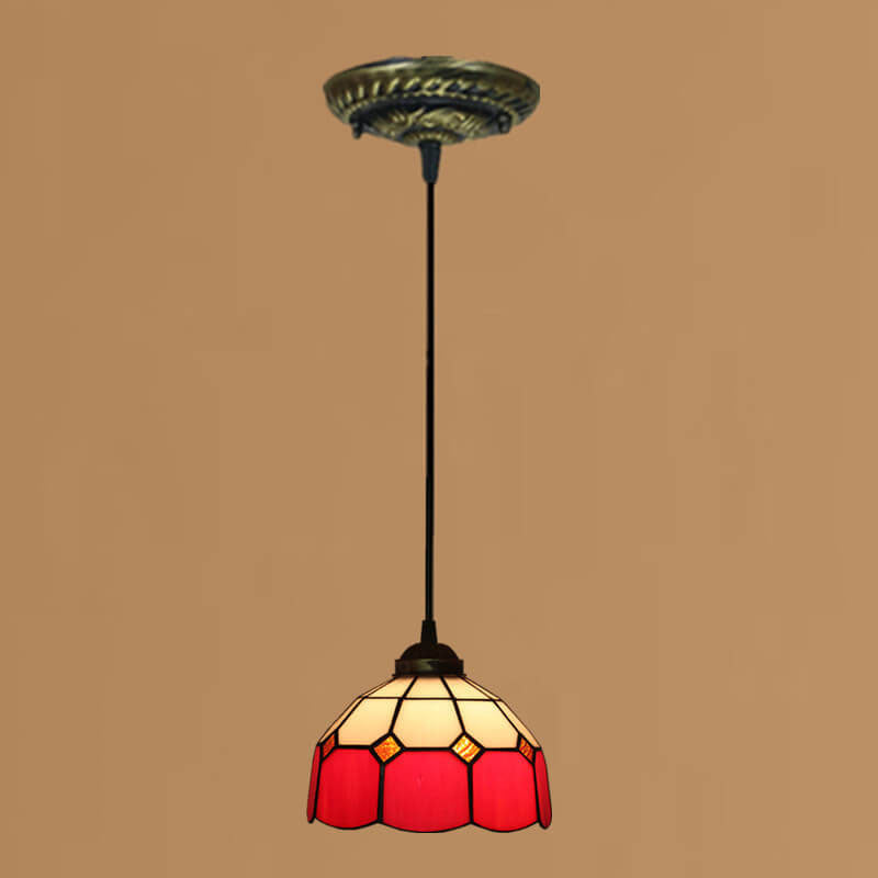 Traditional Tiffany Stained Glass Pendant Light for Living Room, Round 1-Light Iron Dome Shade