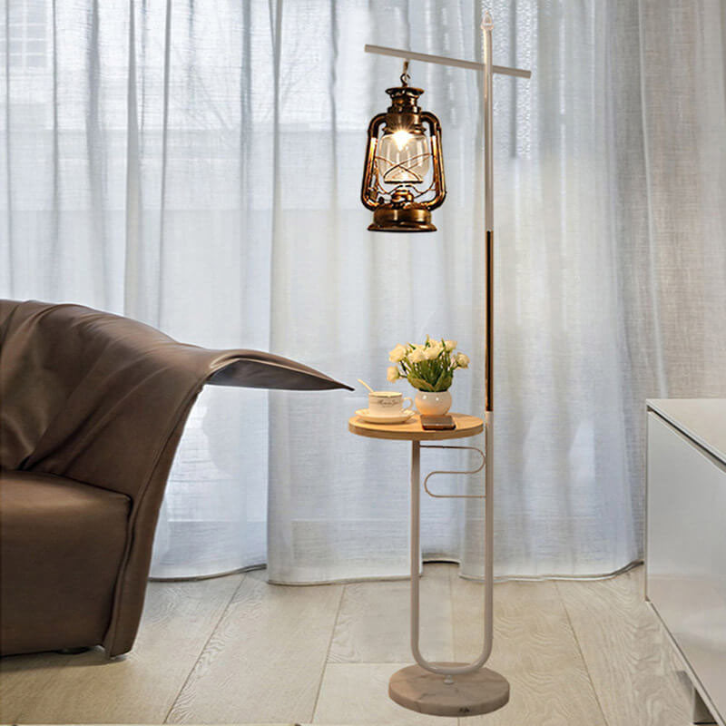 Vintage European Lantern Floor Lamp - Iron, Wood & Marble, 1-Light Standing Design