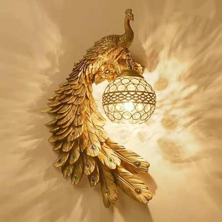 Vintage Ornate Resin Long Tail Peacock Wall Sconce Lamp - 1-Light Crystal Ball Shade